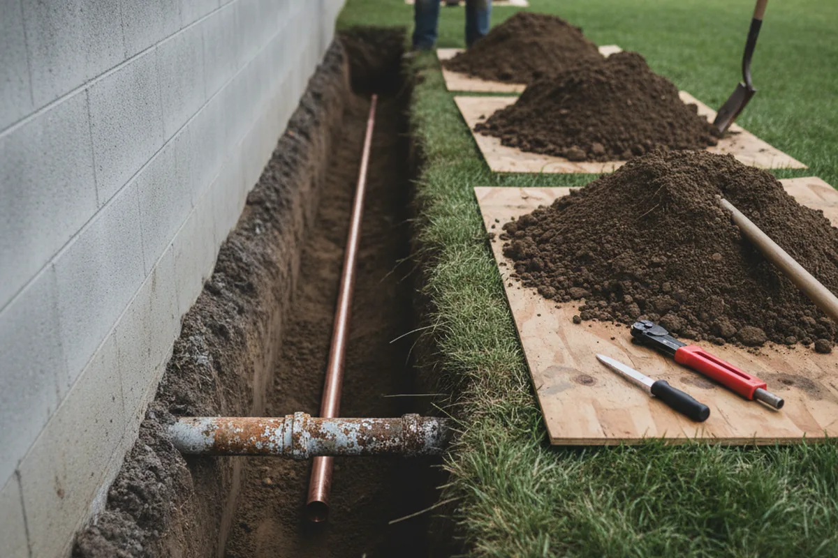 Excavated water line trench during Sewer Line Repair in Carteret